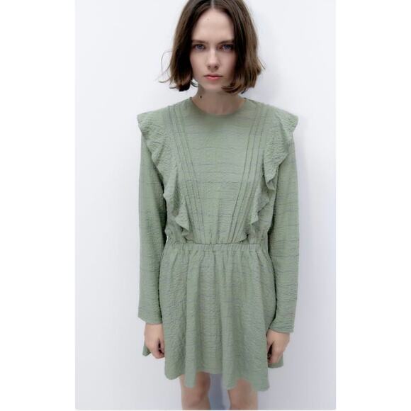 NWOT Zara Ruffled Mini Dress Striped Blue and Green Women’s Size XL - Picture 1 of 9